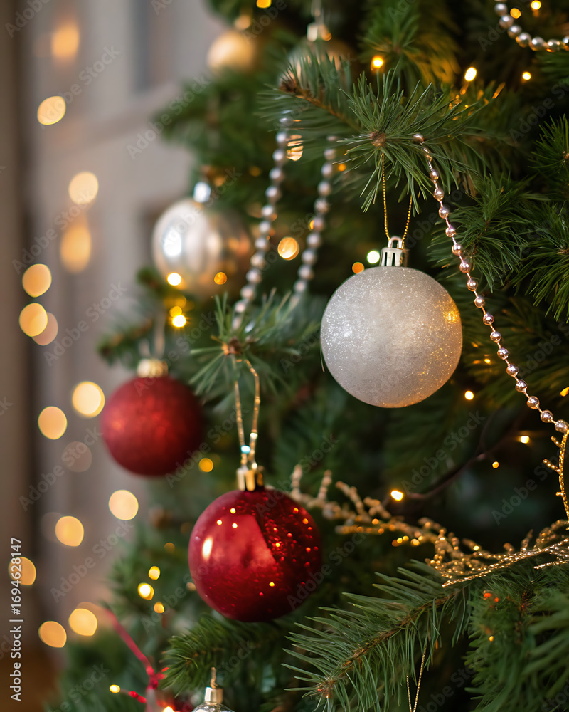 Fototapeta premium Multicolored Christmas tree decorations hanging on fluffy green branches of the Christmas tree