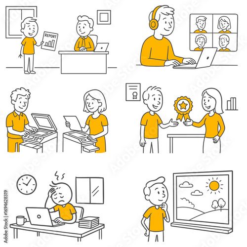 Minimal stick figure illustration showing daily work processes, team collaboration, online meetings, and success-oriented motivation in office life