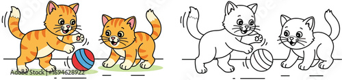 Two Playful Ginger Kittens Batting a Ball - Adorable Cartoon Cats Having Fun