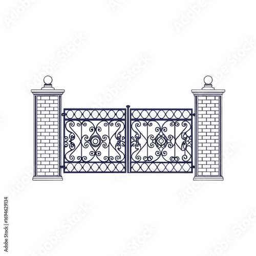 Vector ornate metal gate with brick pillars