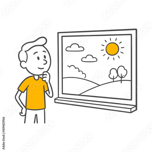 Illustration of a human figure observing nature and seeking peace in daily life.