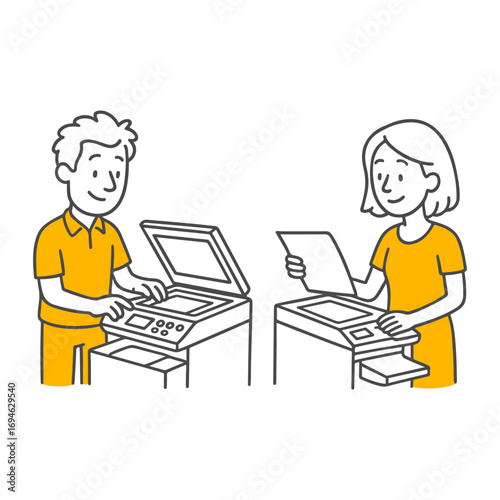 Colleagues collaborating during printing and copying tasks.