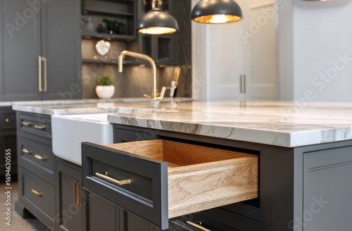 Modern kitchen island with open drawer (1)
