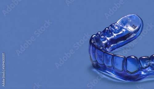 Clear plastic dental mouthguard on blue background