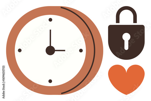 Clock indicating time, padlock symbolizing security, and heart illustrating care or love. Ideal for themes thumbs up time management, protection, love, reliability, trust, relationships safety