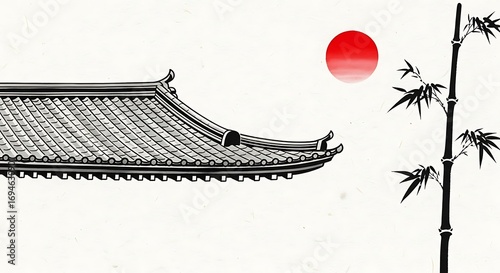 Fototapeta Naklejka Na Ścianę i Meble -  Traditional Japanese art featuring a temple roof bamboo and rising sun aesthetic illustration