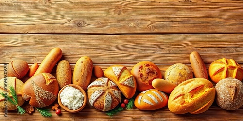 Horizontal seamless pattern of various breads and bakery items on a rustic wooden background,  loaf,  texture