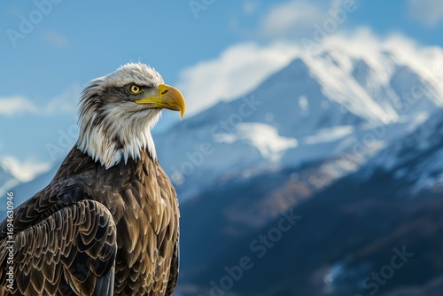 Bald eagle against snowy mountains background