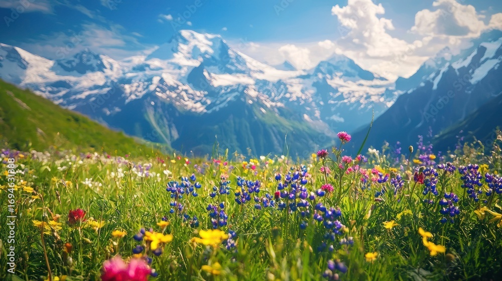 Obraz premium A vibrant meadow with wildflowers and a mountain range in the background.