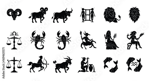 A collection of astrological zodiac signs in black and white, showcasing the twelve symbols associated with different periods of the year isolated on white background