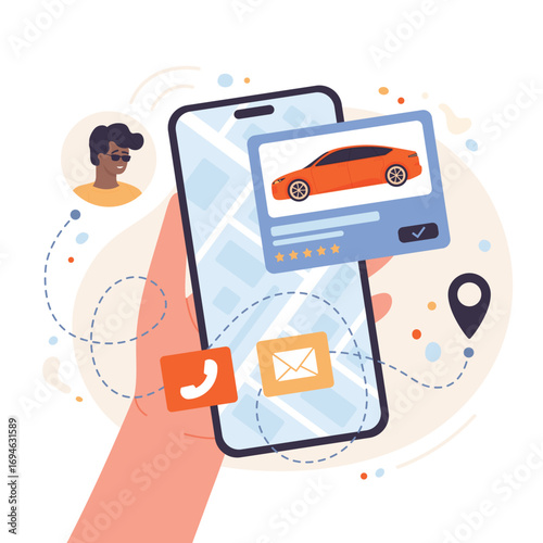 Buy or rent car online vector illustration. Cartoon customers hand holding phone with mobile app for automobile rental, automotive service, web agency for search transport and vehicles owners