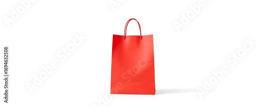 A vibrant red paper shopping bag, cleanly isolated on a pure white background, grocery, unbranded
