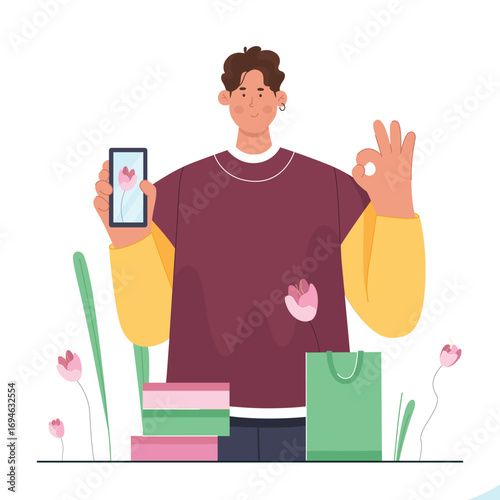 Spring sales in retail stores vector illustration. Cartoon happy man shopping online by phone showing thumbs up, customer character with bag and stylish gift among pink flowers