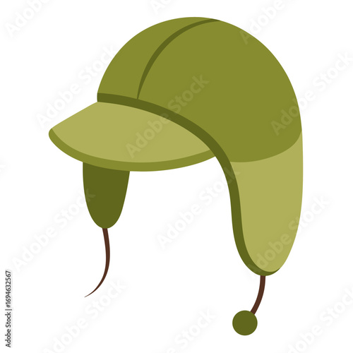 Olive green cap with ear flaps vector on white background.