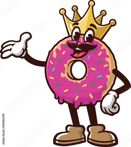 Donuts king mascot cartoon wearing a crown