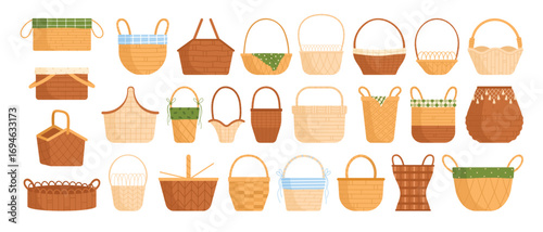 Basket set vector illustration. Cartoon isolated wooden, bamboo and straw empty basket collection with hampers of different shape, boxes for laundry storage and picnic, bags with handles for market