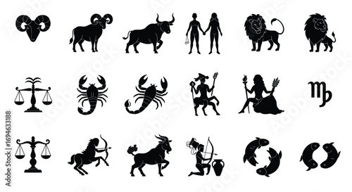 A collection of astrological zodiac signs in black and white, showcasing the twelve symbols associated with different periods of the year isolated on white background