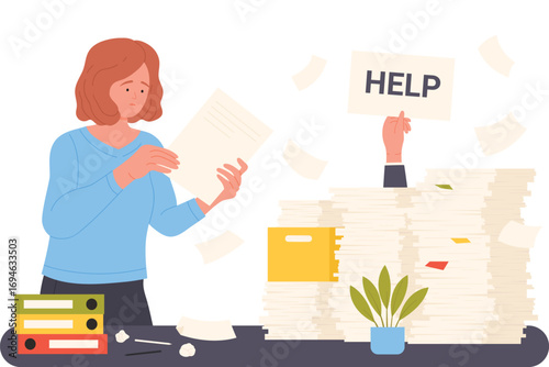 Stress from office bureaucracy vector illustration. Cartoon woman giving document to tired employee drowning in chaos of paper sheets pile and stacks on desk, hand of businessman holding help sign
