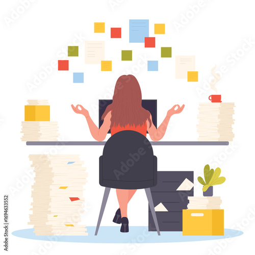 Paperwork in mess, bureaucracy and work overload vector illustration. Cartoon female employee sitting at table with big piles of paper documents and cup of coffee, girl in calm zen pose back view