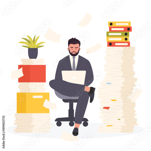 Paperwork and bureaucracy in office vector illustration. Cartoon workaholic businessman sitting on chair with laptop among big piles of paper documents and heaps of folders, sheets flying over man