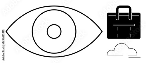 Large eye with centered pupil, minimalist briefcase, and cloud. Ideal for themes thumbs up vision, strategy, business, planning, innovation cloud technology connectivity. Simple flat metaphor