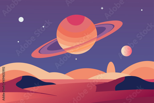 A stunning vector illustration of an alien planet with a vibrant blue sea and a crimson sun setting over the waves