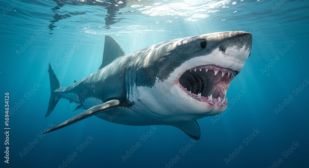 Fototapeta premium Great white shark swimming in ocean water