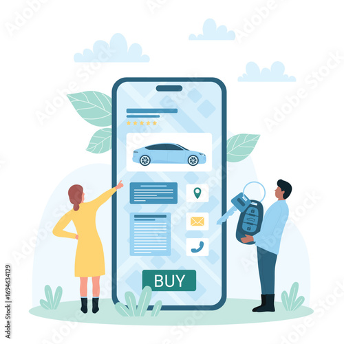 Car search online vector illustration. Cartoon tiny people check classifieds of dealers or owners in mobile app of automobile market to buy or rent, man holding vehicle key with automatic keychain