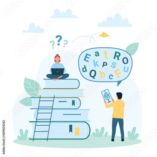 Slang communication, knowledge vector illustration. Cartoon tiny people communicate in technical jargon words with meaning complicated to understand, messy alphabet letters in chat speech bubble