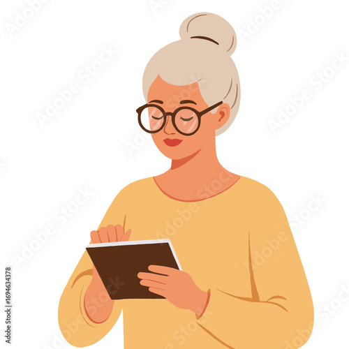 Senior woman holding photo. Elderly lady looking at old photograph. Older woman remembering past through picture. Retired woman cherishing family photo. Elderly set