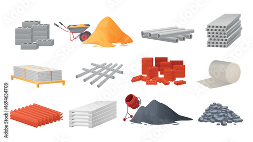 Construction materials and equipment set vector illustration. Cartoon concrete mixer with cement pile, pipe, bricks and blocks stack, stones and sand heap with wheelbarrow for building and renovation