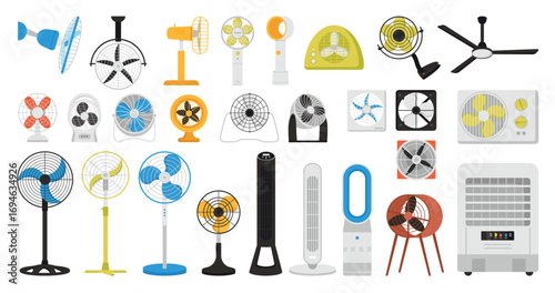 Electric fan set vector illustration. Cartoon isolated conditioning appliances and fan ventilators of different types for ventilation of office and home, cooling equipment for ceiling, desk and wall