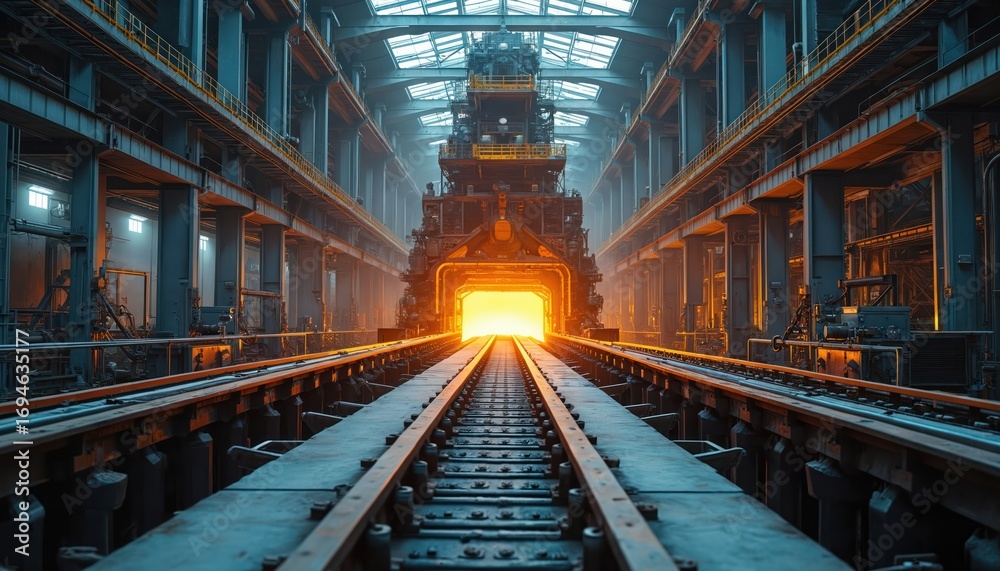 Fototapeta premium Industrial facility with large furnace systems, active conveyor belts transporting raw materials. Focus on operational efficiency, automation, heavy machinery in manufacturing processes. Steel