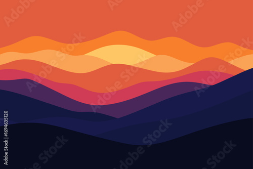 Vector illustration of a tranquil mountain landscape with a fiery sunset over misty hills and a serene valley