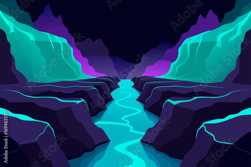 An abstract vector illustration of a cold winter landscape with blue and white mountains reflecting in a lake, as sun rays illuminate a nearby ice cave