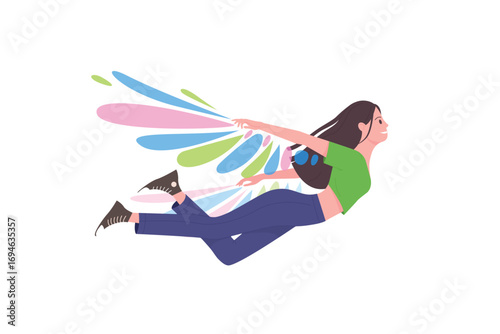 Happy girl flying on colorful wings in blue sky with clouds vector illustration. Cartoon cute free teen character dreaming about freedom and flight like bird, daydream and inspiration concept
