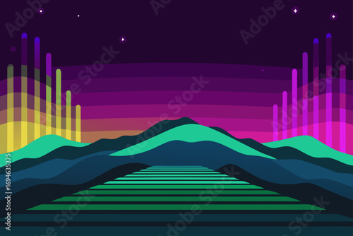Future business technology and architectural design illuminate a vibrant, rainbow-lit cityscape