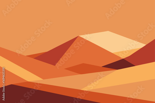 Vector illustration of the ancient Egyptian pyramids of Giza with a camel caravan at sunset in the sandy desert landscape