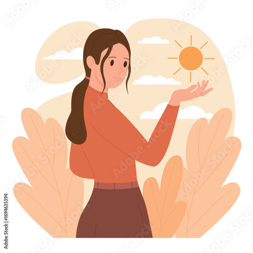 Optimistic mindset, positive thinking concept vector illustration. Cartoon happy person holding sun to enjoy moment of beautiful nature and wellbeing, acceptance, good mood and optimism of girl