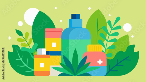 EcoFriendly Message A vibrant illustration showing skincare products nestled a green plants emphasizing the dual focus on skin health and environmental awareness linked to exosome