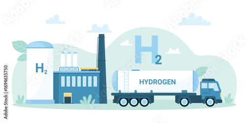 Green hydrogen production plant vector illustration. Cartoon factory for H2 electrolysis, storage tank and truck for hydrogen fuel transportation and supply, innovation technology for zero emissions