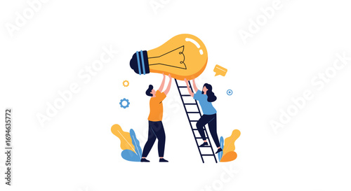 Two people collaborate on a bright idea using a ladder to reach a giant light bulb