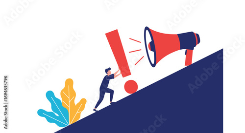 Person pushing exclamation point up hill towards megaphone illustration concept