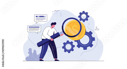 Analyzing financial data with a magnifying glass and gears for business growth