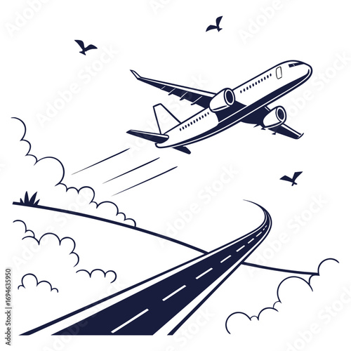 A sleek modern jet airplane soars through the sky above a winding road and fluffy clouds