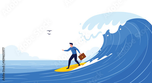 Businessman surfing big ocean wave demonstrating adaptability and resilience in challenging business environment