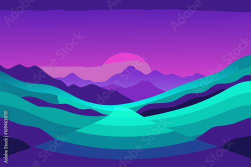 Mountain peaks blanketed in snow and ice stand tall under a blue sky, overlooking a tranquil winter landscape with frozen lakes and hills