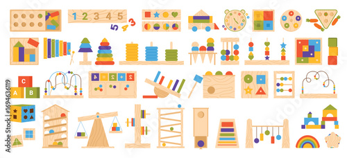 Education logic wooden toys for Montessori games set vector illustration. Cartoon isolated kindergarten wood equipment collection with rainbow puzzles, blocks of different shape for preschool toddlers