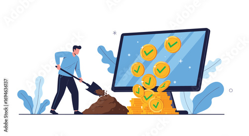 Man digging dirt symbolizing digital earning opportunities growing from computer screen