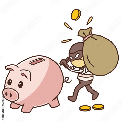 Cartoon thief wearing a mask and striped shirt stealing coins from a piggy bank with a sack